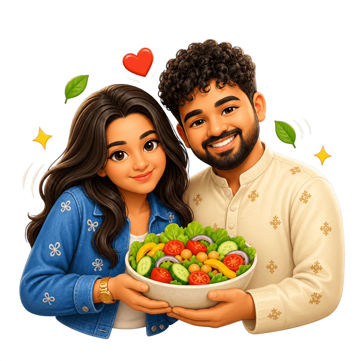 Astha and Vaibhav Chhajed, co-founders of 500Kcal.fit, holding a fresh salad bowl together